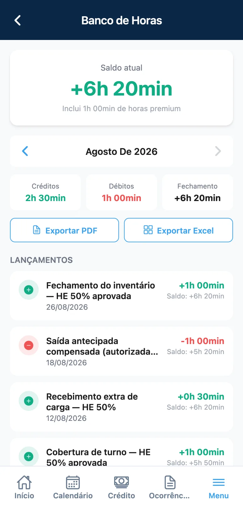 Banco de horas no app Point com saldo e extrato
