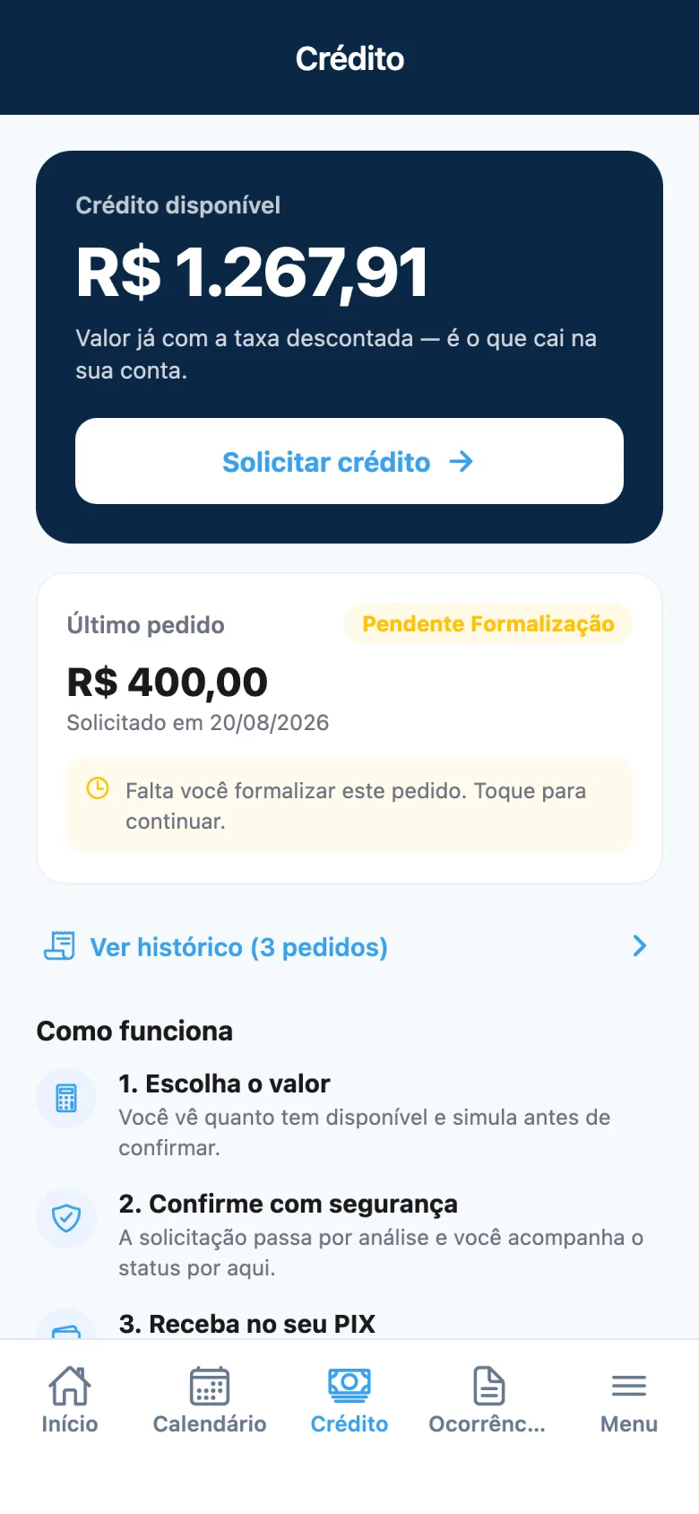 Hub de crédito no app Point com limite disponível