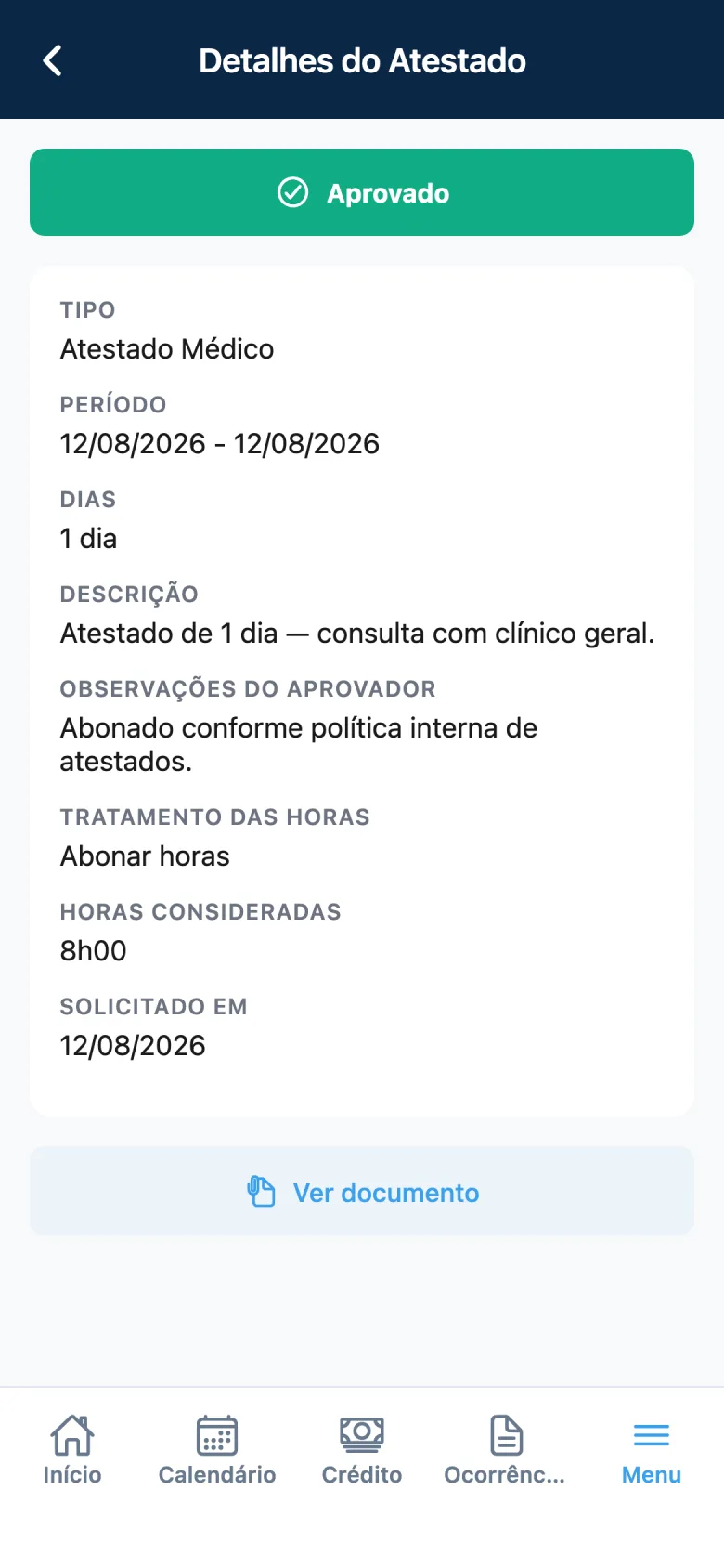 Detalhe de atestado aprovado no app Point com tratamento das horas
