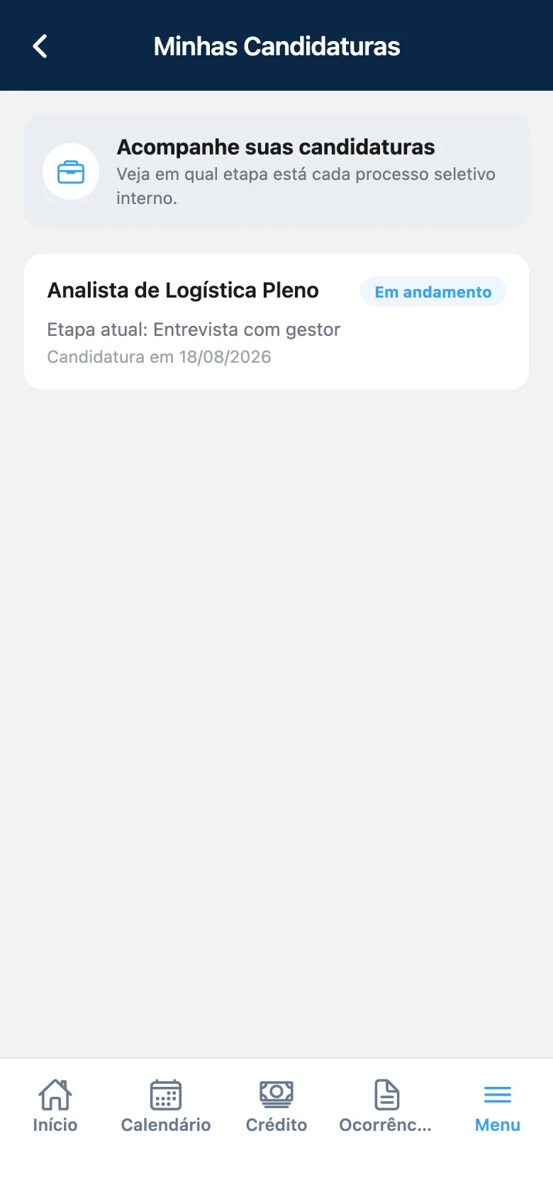 Minhas candidaturas no app Point com etapa atual do processo