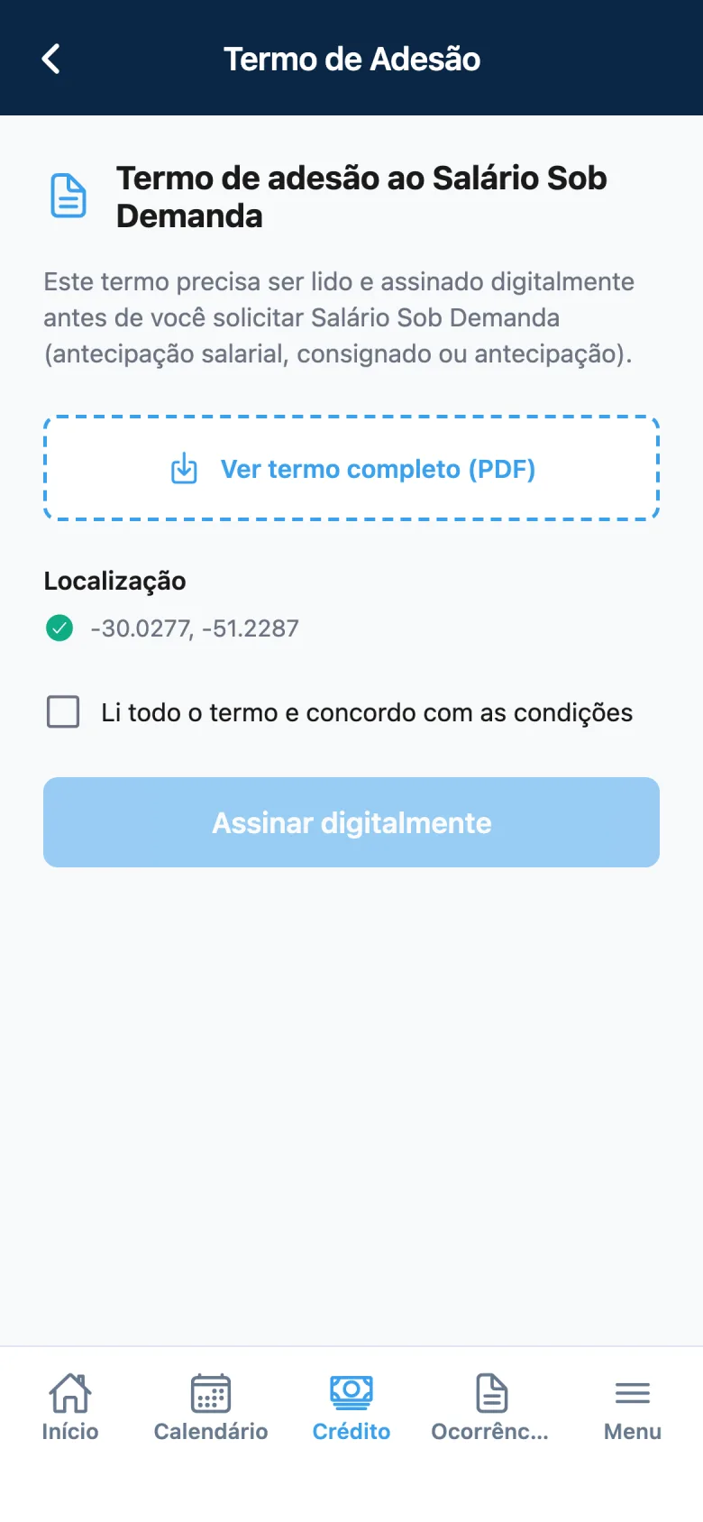 Termo de adesão do salário sob demanda no app Point