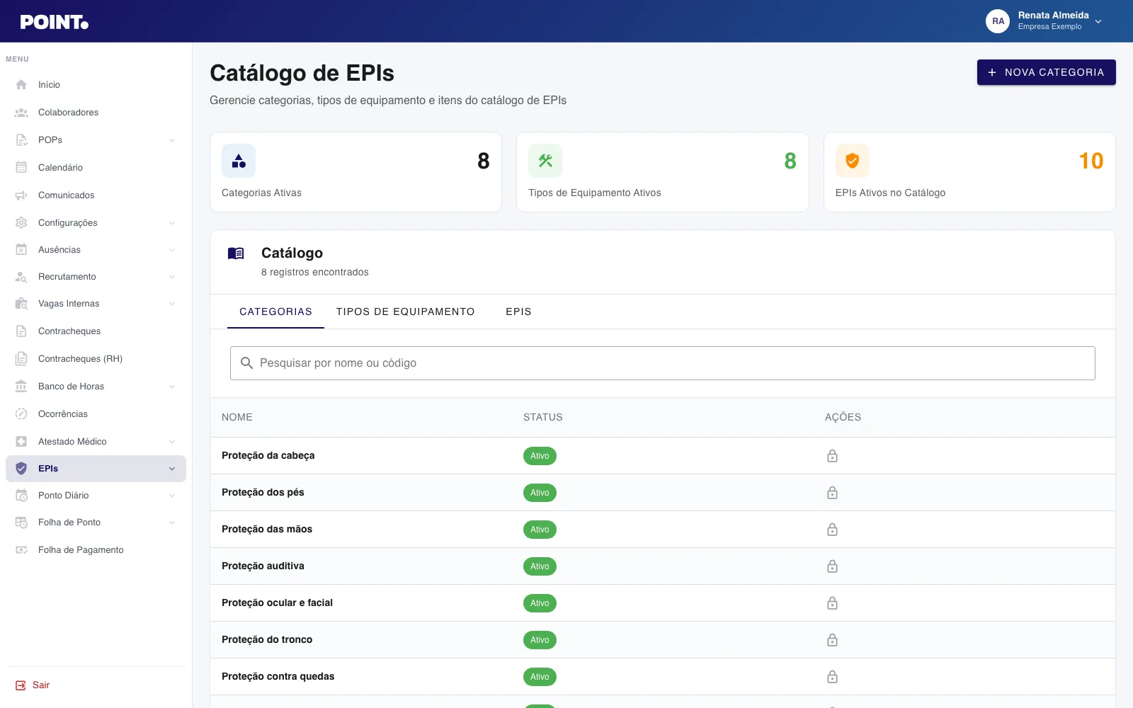 Catálogo de EPIs no painel Point