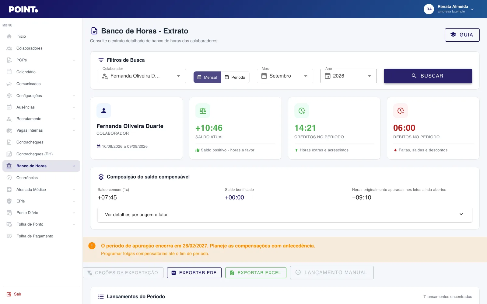 Extrato de banco de horas de um colaborador no painel Point