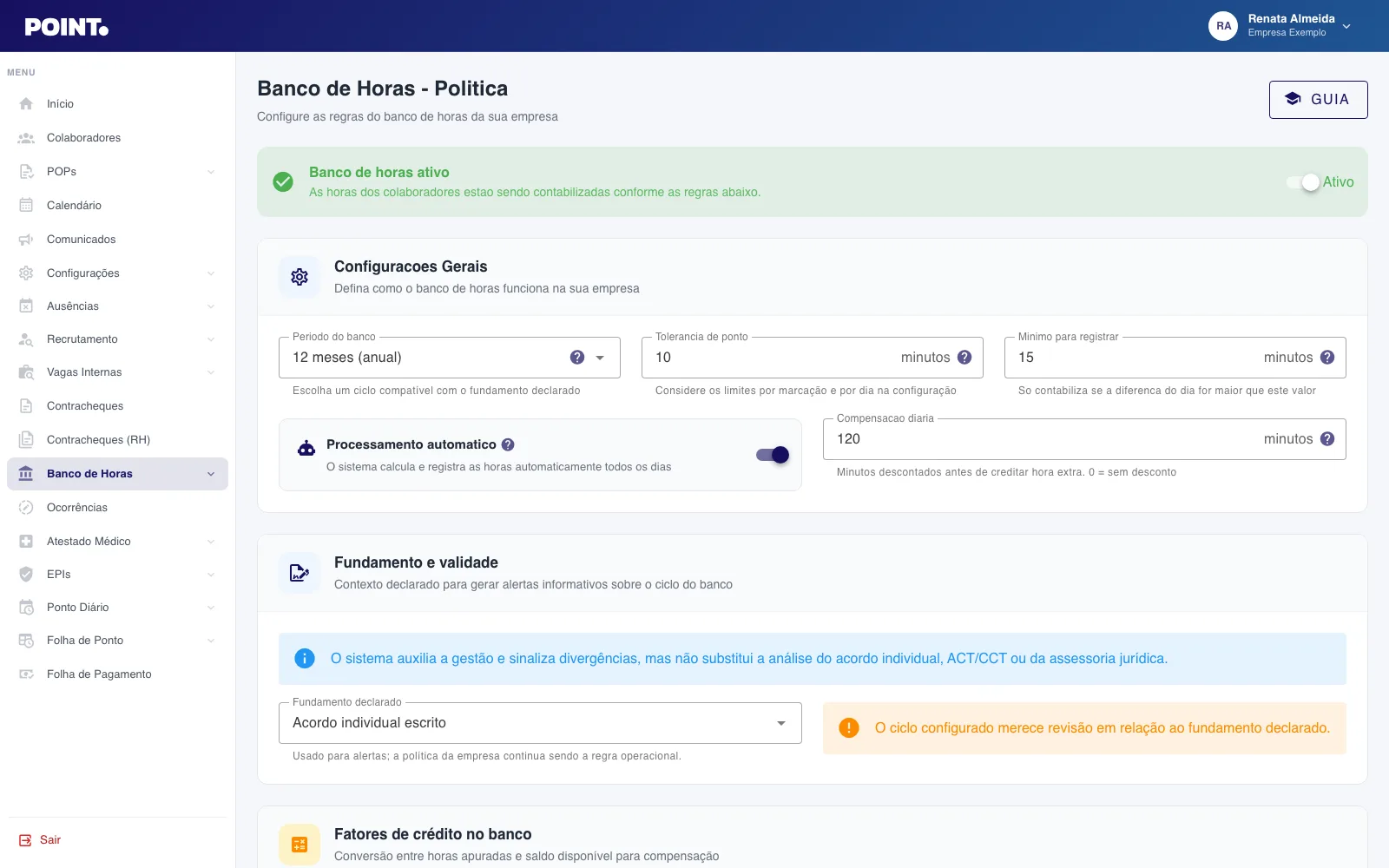 Configuração da política de banco de horas no painel Point