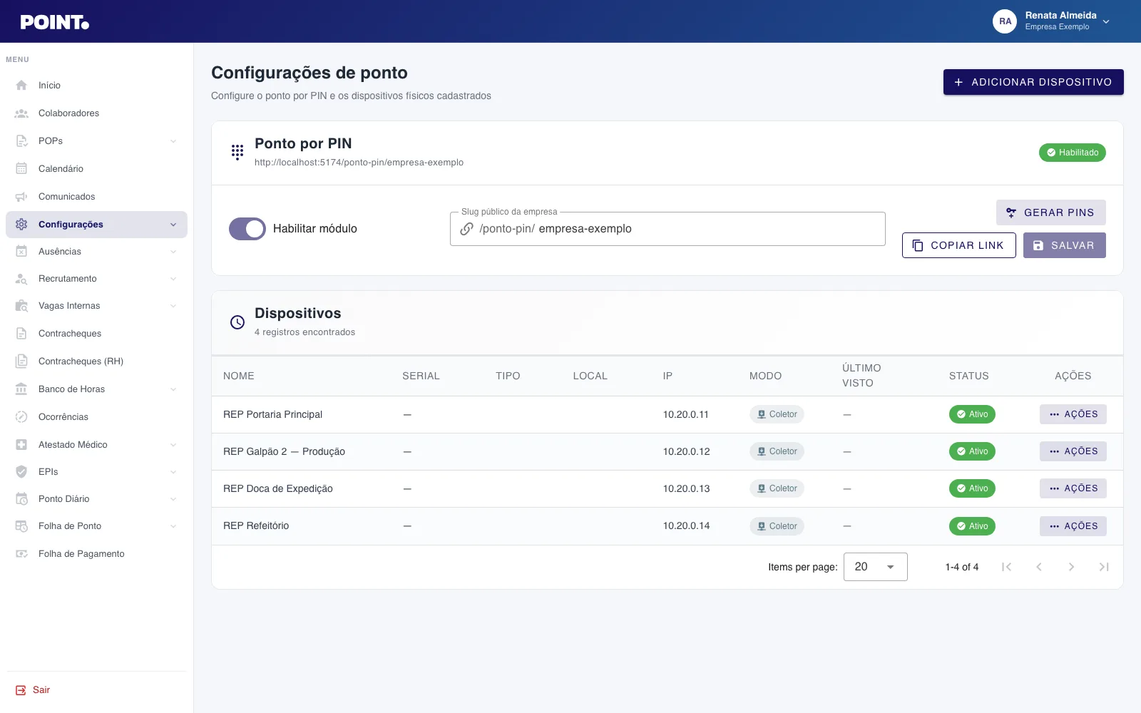 Configurações de ponto no painel Point com políticas de selfie e geolocalização